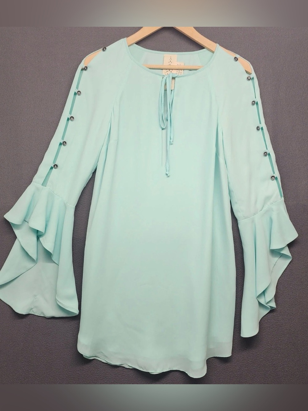 Free People Sea foam green bell Ruffle Sleeve Tie-Neck mini Dress XS